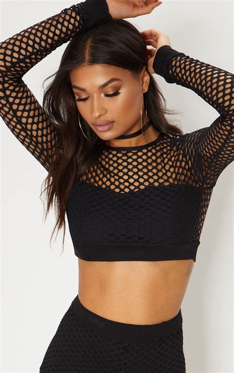 black fishnet long sleeve top|More.